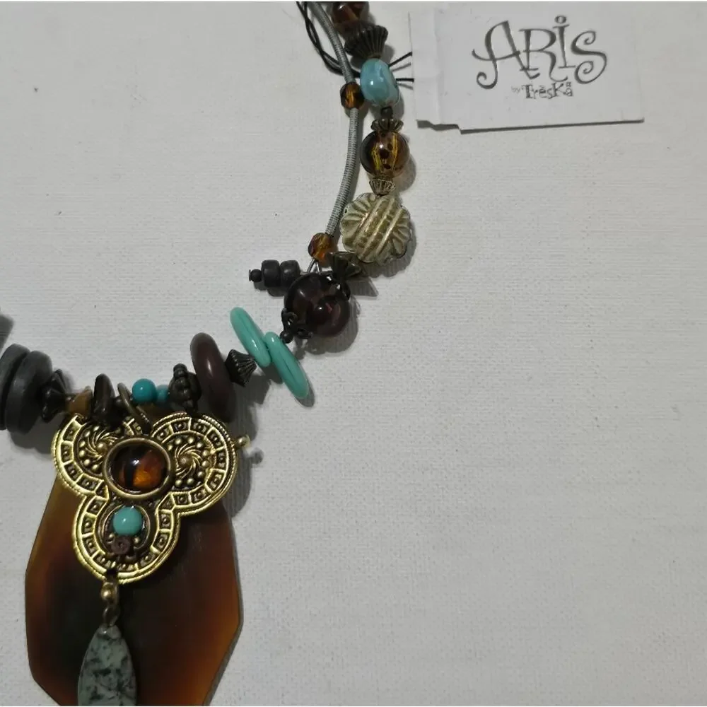 Treska‎ Turquoise and Brown Pendant Wrap Collar Necklace New